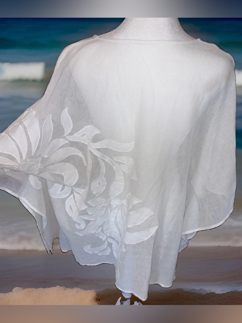 NWOT Chico's elegant white Appliqué Floral Swim Coverup/boho top/vacation OS